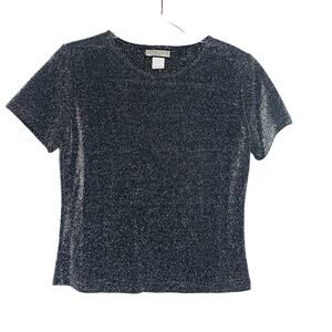 NOTATIONS Petite Vintage Sparkle Short Sleeve Top Crew Neck Black Silver Size M